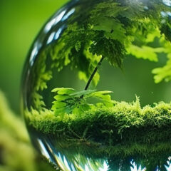 A green tree seen through the lens ball. A lens ball on green moss.