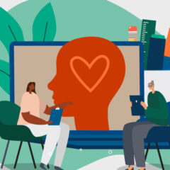 Illustration of two people sitting down on chairs, one holding a clipboard and the other an ipad. There's a computer screen behind them displaying a silhouette side profile of a head. The head has a heart drawn on it.