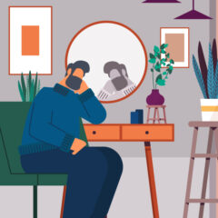 Illustration of a man sitting at a desk at home. He rests his face on the palm of his hand.