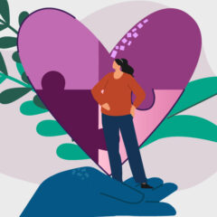 Illustration of a woman standing on the palm of someone's hand. Behind her is a giant purple heart.