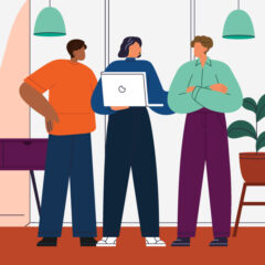 Illustration depicting three people standing together in a workplace setting.